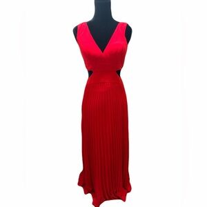 Xscape Red Pleated accordion Maxi Gown Waist Cut-Outs size 6 V-neckline flowy